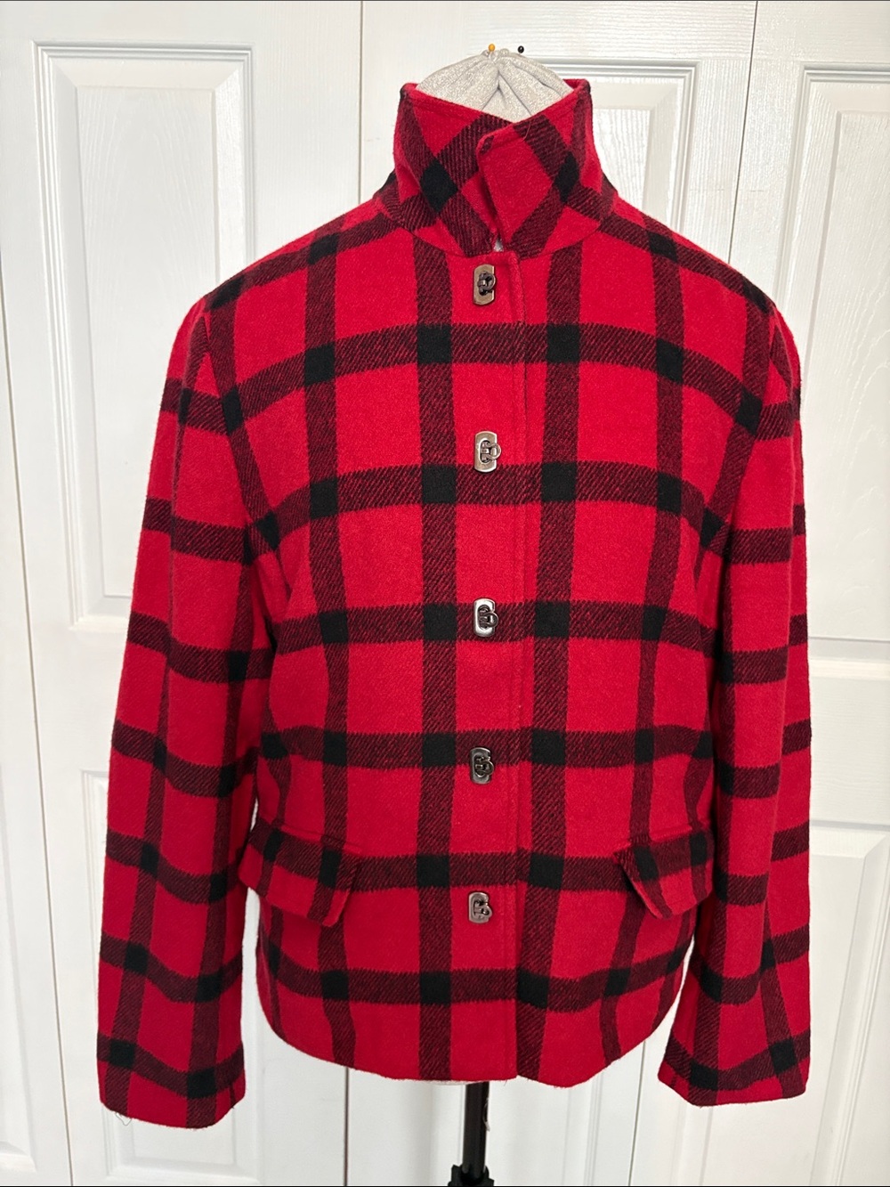 Talbots Red and Black Buffalo Plaid Wool-Blend Pea Coat Mountain Winter Funnel